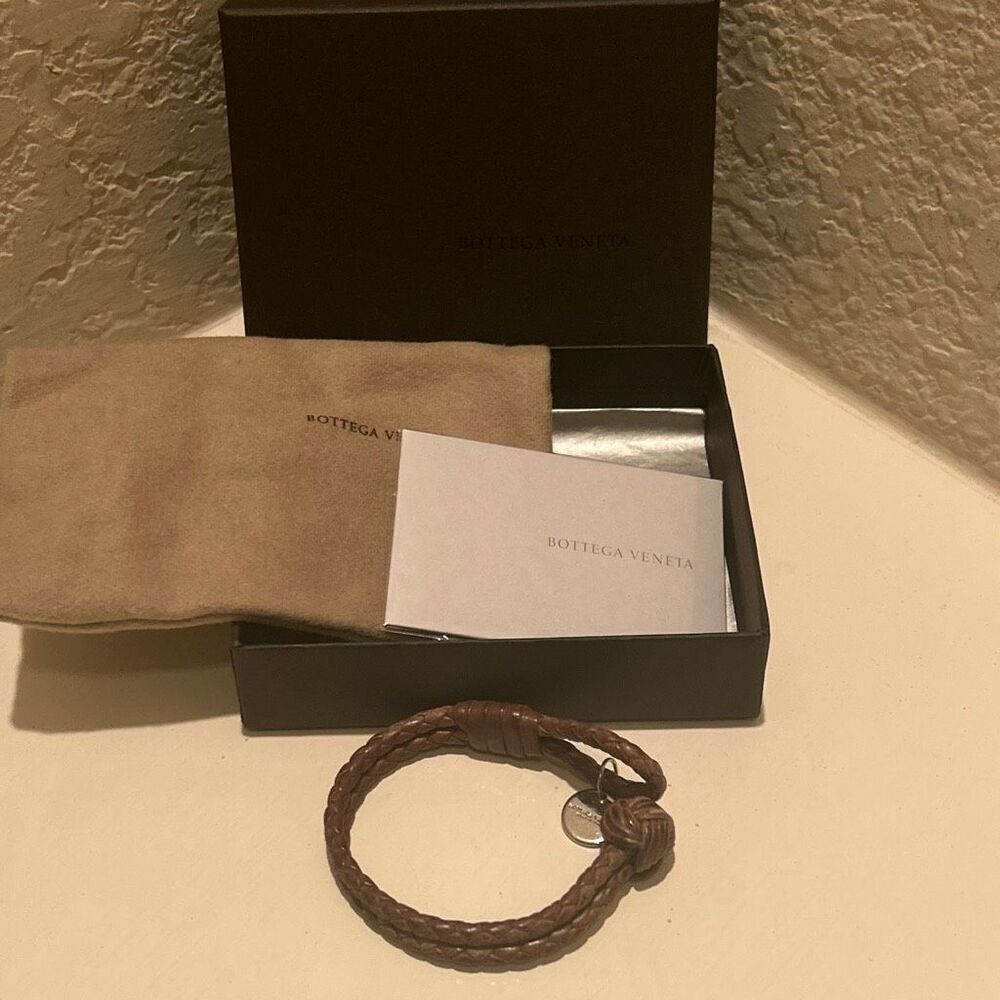 Bottega Venetta Braided Leather Knot Bracelet Brown Two Strand Silver Logo Charm